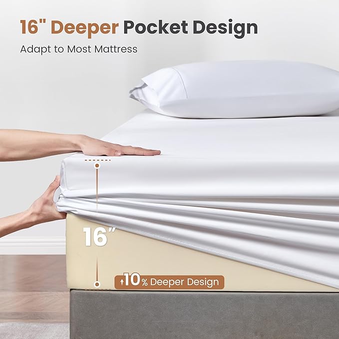 Sophia & William 1000 Thread Count Egyptian Cotton Sheets Full Size, 100 Percent Cotton Sheets Sateen Weave, 16" Deep Pockets, All-Season 4 Piece Silky Sheet - White