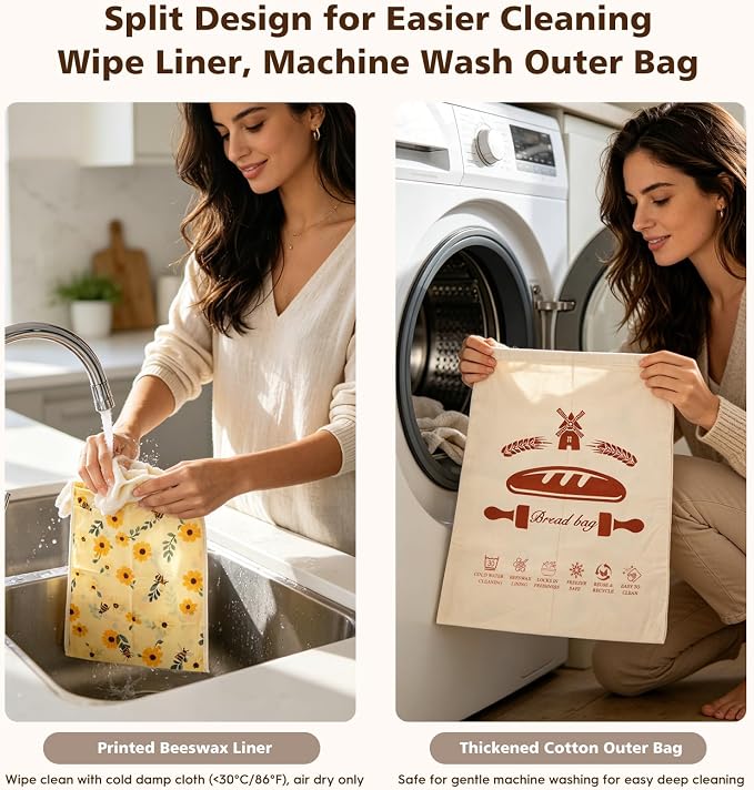 Beeswax Bread Bags with Dual Seal Removable Liner for Homemade Sourdough | 2 Pack XL reusable organic cotton bags with removable easy‑clean printed liner, zipper & hook‑loop seals to keep loaves fresh