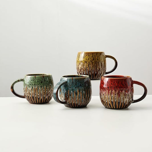 20oz Large Coffee Mug - Unique Handcrafted Look Ceramic Cup, Large Tea Mug, Microwave & Dishwasher Safe (red/yellow/blue/green,Set of 4)