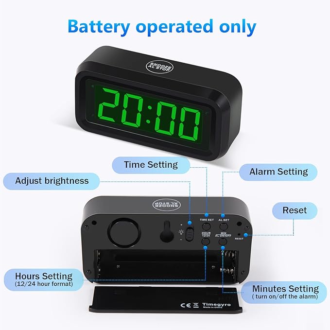Digital Alarm Clock Battery Operated with LED Display for Bedrooms, Long Battery Life for 12 Months, 3 Brightness Adjustable, 12/24 Hour, Snooze, Black Case with Green Digits