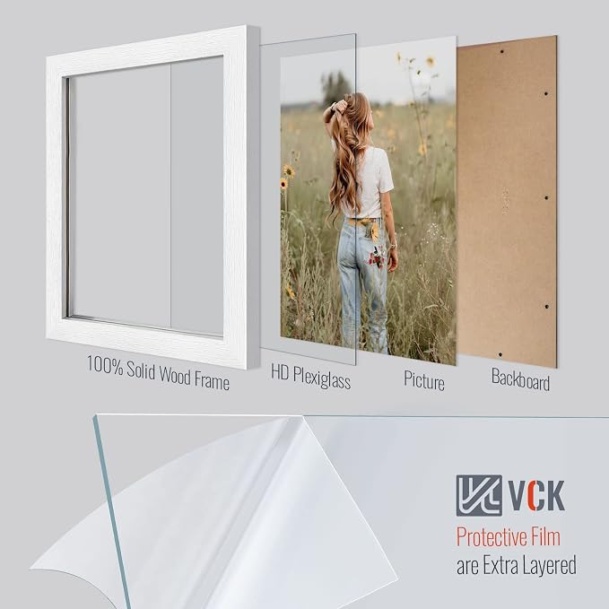 VCK 8.5x11 Picture Frame Set of 4 - White, Gallery-Quality Wood Poster Frames, 1.1-Inch Wide Border, Polished Plexiglass, Vertical or Horizontal Wall & Tabletop Display for Photo/Art/Prints, White