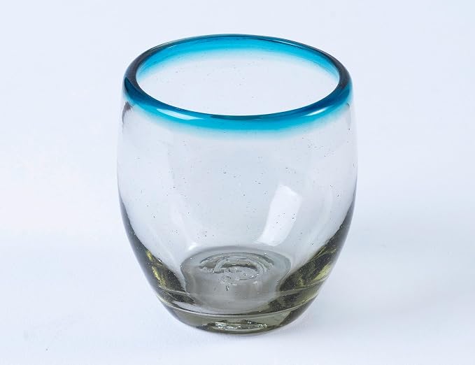 9 oz Hand Blown Mexican Drinking Glasses - Set of 6, 9 fl oz each, Aqua Rim