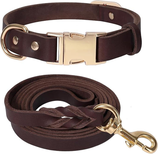 LWBMG 5FT Leather Dog Collar and Leash Set, Heavy Duty Dog Leash and Collar with Metal Buckle,Adjustable Pet Lead and Collar Set, Soft Pet Leash and Collar for Small Medium Dogs Brown