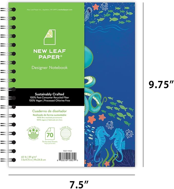 Small Spiral Bound Recycled Notebook, Sealife Design, 9.75" x 7.5", 70 Sheets, Double-Wire, College Ruled, Vegan, Made in USA