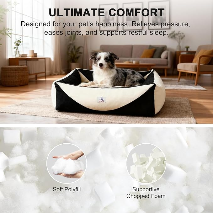 Cotton Canvas Dog Bed, Cute Dog Bed Medium Size Dog, Puppy Bed with Washable Removable Cover, Durable 290 GSM Cotton Anti-Chewing Pet Bed with Anti-Slip Bottom (30"x25"x10", Black&White)