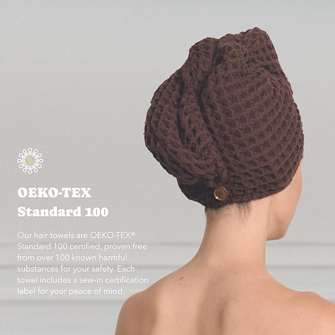 Luxury Organic Japanese Cotton Hair Drying Waffle Towel Wrap for Women | Absorbent, Quick-Dry Head Turban for Shower, Sauna, Spa | Extra Large for Long, Curly, Straight Hair With Button (Brown, 2 Pc)