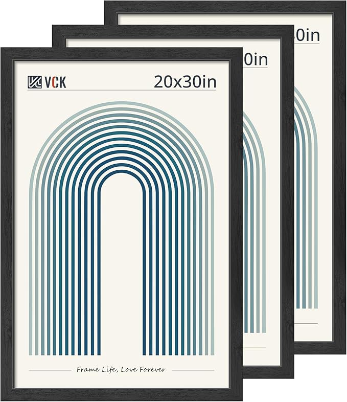 VCK 20x30 Frame 3 Pack, Black Wood 20x30 Poster Frame with Plexiglass, No Mat, Horizontal & Vertical Wall Mount