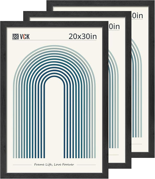 VCK 20x30 Frame 3 Pack, Black Wood 20x30 Poster Frame with Plexiglass, No Mat, Horizontal & Vertical Wall Mount