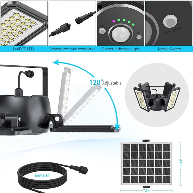 Latband Solar Shed Light Outdoor Indoor Solar Powered Motion Sensor Pendant Light,144LED 1200LM Daytime Work with 5 Modes & Remote Control 4 Heads IP65 Waterproof for Garage Barn Shop 2 Pack