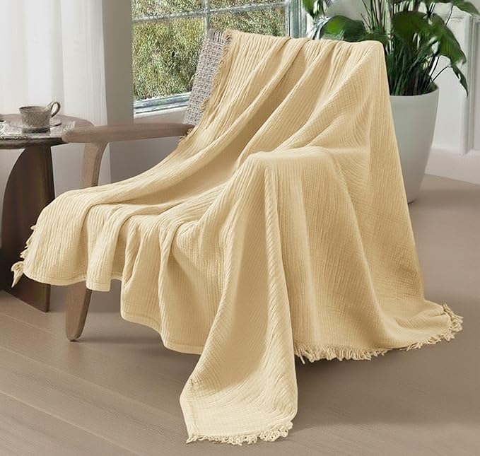 KyraHome 100% Organic Cotton Throw Blanket, 90"x90" Queen Muslin Blankets for Adults, Couch, Pre-Washed Breathable Lightweight Blanket, Coverlet, All Season (Shortbread/Creamy)
