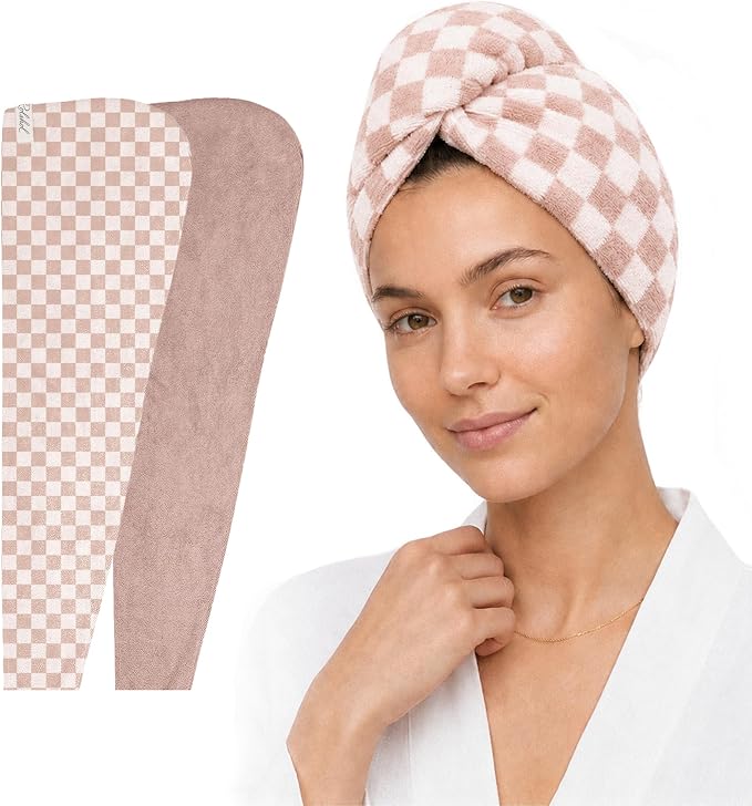 ROLSHOL Cotton Hair Towel Wrap for Women, 2 Pack 100% Cotton Hair Drying Towels for Long, Thick & Curly Hair, 32" x 11" Large Hair Turban for Wet Hair with Elastic Band (Checkered Pattern)