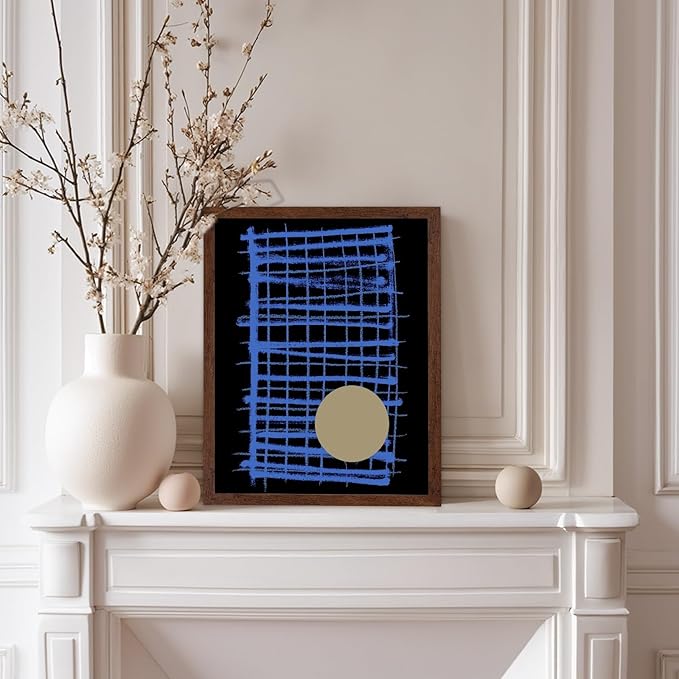 Monem Art Blue Grid Abstract Geometric Print - Modern Minimalist Art Poster - Wall Decor for Living Room, Bedroom or Office - 8x10 Brown Framed Wall Art by Mareike Bohmer