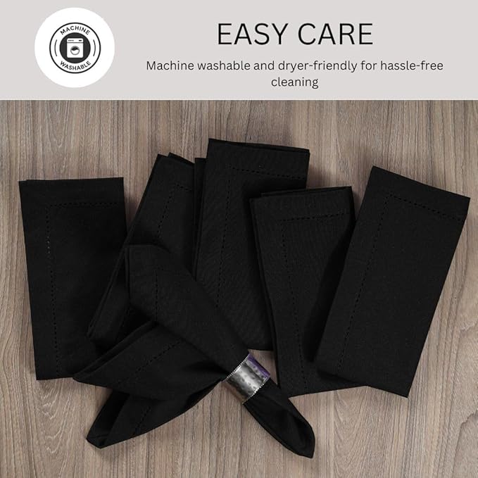 Hemstitch Cloth Dinner Napkins 100% Cotton Set of 12 - for Dining Special Occasions Weddings Parties Holidays Easter - Soft Durable Reusable - 18x18 Inch Table Cloth Napkins Black