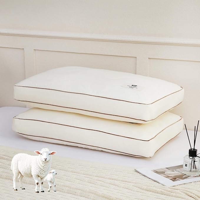 YOUR MOON Natural Soft Wool Pillow Standard Size Set of 2, Support Soft Bed Pillows for Sleeping, Premium Australian Wool Filling with 100% Cotton Cover, Down Alternative Pillows 2 Pack (Off White)