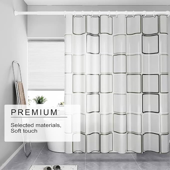 TIKABC Shower Curtain Liner, 4G PEVA Shower Liner, Plastic Waterproof Shower Curtains, with Grommet Holes and 3 Magnetic Weights(Black White Big Square)