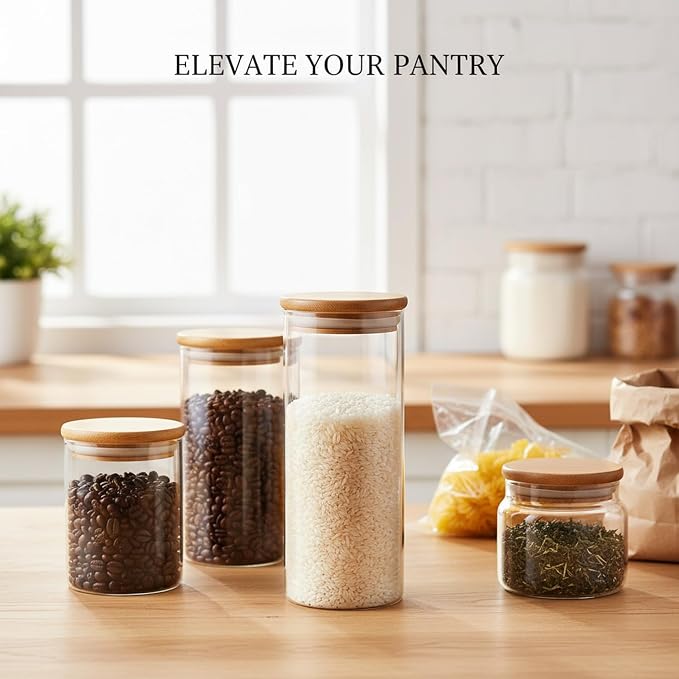 Borosilicate Glass Storage Jars with Bamboo Lids, Clear Kitchen Canisters for Pantry Organization of Dry Goods, Coffee, Tea, and Grains
