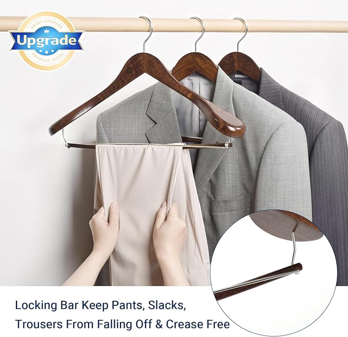 Amber Home 6 Pack Wide Shoulder Wooden Suit Hangers, Retro Wood Coat Hangers with Non Slip Locking Bar, Clothes Hangers for Jackets, Sweaters, Pants & Heavy Clothes (Retro)