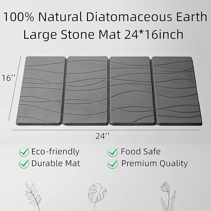 Large Stone Dish Drying Mat for Kitchen Counter, 24"×16" Quick Dry Super Absorbent Diatomate Earth Stone Mat Foldable, Kitchen Stone Mat Non-slip, Heat Resistant, Multi-purpose Mat Grey