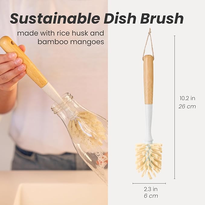Vigar Zeroline 10.2" Bamboo Bottle Brush With Long Handle - Water Bottle Brush for Glassware, Tumblers, Jars and Vases, Kitchen Dish Scrubber, Wooden Bottle Cleaner, Dish Brush for Sink, Kitchen Brush