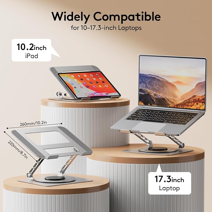 TECKNET Laptop Stand for Desk - 360° Rotating Base, Ergonomic Foldable Computer Stand for Laptop Riser, Height Adjustable, Compatible with MacBook Pro, Dell XPS, HP, and All Laptops 10-17" (Silver)
