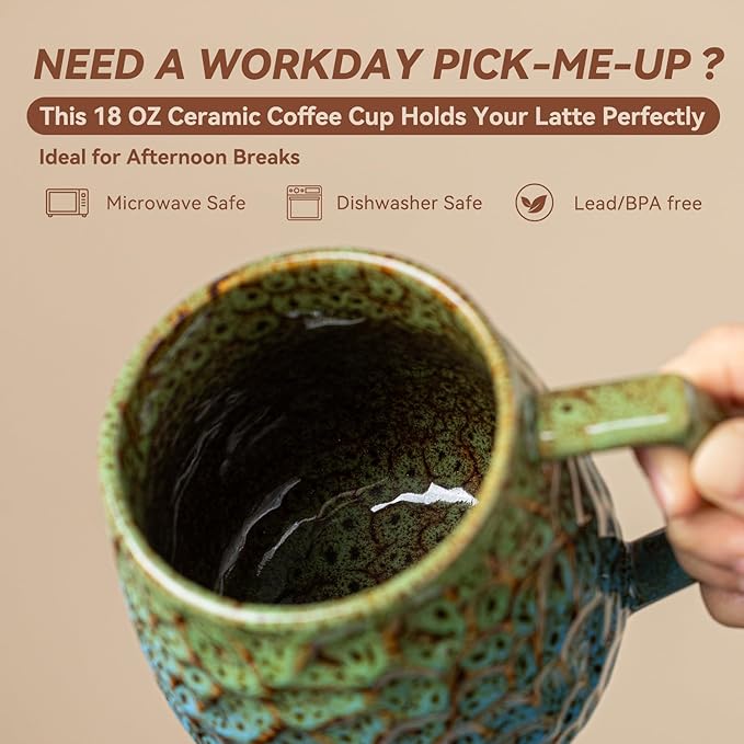 18oz Unique Kiln-Change Ceramic Coffee Mug, Handcrafted Hammered Texture Ceramic Mug with Ergonomic Handle, Microwave & Dishwasher Safe, Gift for Coffee Lovers, Home Office Daily Use (Green & Blue)