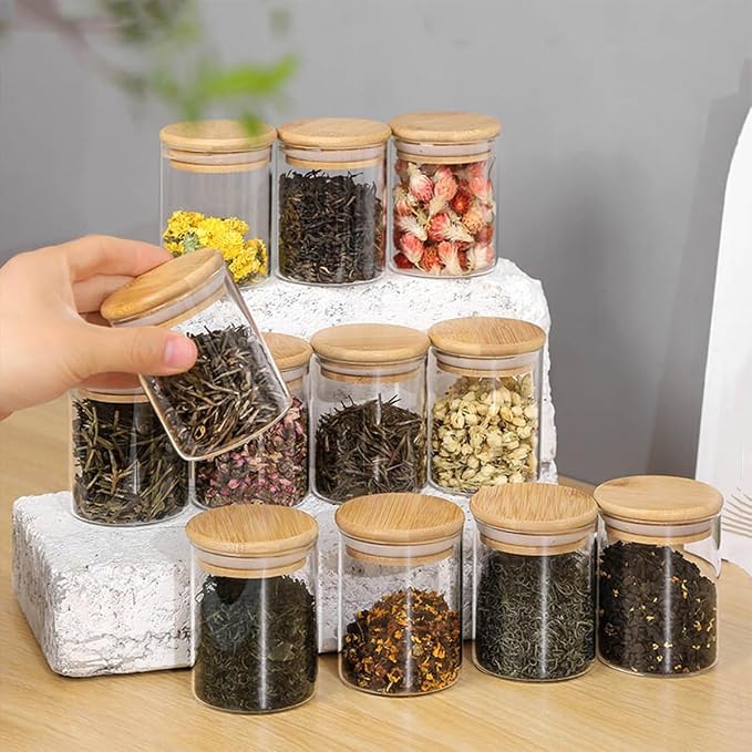 6PCS Glass Airtight Food Storage Jar with Bamboo Lids Glass Jar Kitchen Canisters for Pasta, Rice, Flour, Sugar