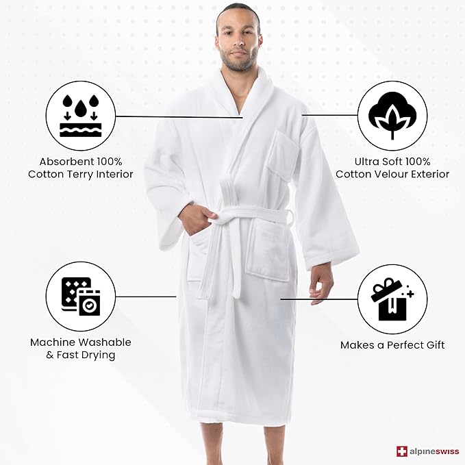 Alpine Swiss Pure Cotton Mens Terry Cloth Bathrobe Super Absorbent Spa Robe