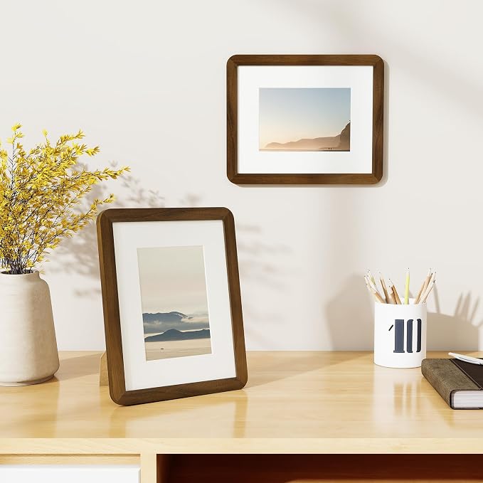 Fun Memories 8x10 Picture Frame - Solid Walnut Wood Frame with Real Glass, 8x10 Photo Frame Matted to 5x7 for Wall & Tabletop Display, Natural Walnut