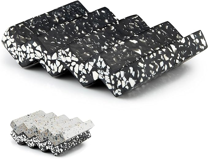 Tapeera Zig Zag Terrazzo Stone Soap Dish for Bathroom Sink - Concrete Soap Saver for Bar Soap Holder for Shower - Sponge Holder - Self Draining Soap Dish Holder - Kitchen Soap Tray (Black)