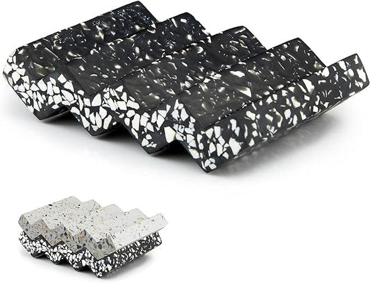 Tapeera Zig Zag Terrazzo Stone Soap Dish for Bathroom Sink - Concrete Soap Saver for Bar Soap Holder for Shower - Sponge Holder - Self Draining Soap Dish Holder - Kitchen Soap Tray (Black)