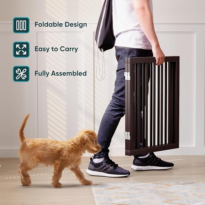 Semiocthome Bamboo Dog Gates Indoor 2-Panel Freestanding Puppy Gates for The House with 2 Metal Stands 24" H Folding Wood Pet Gate for Stairs Doorway, Fully Assembled Safety Fence Espresso