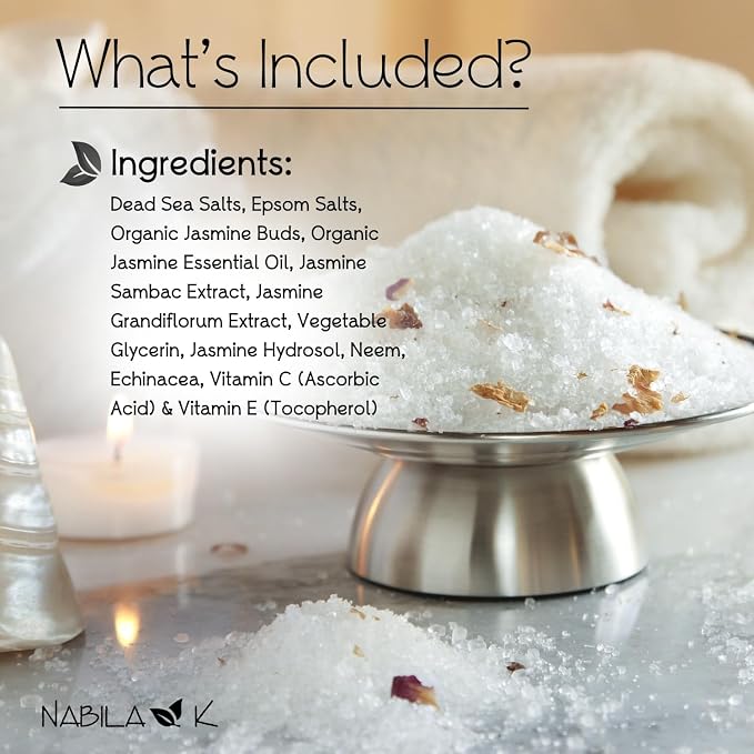 Organic Jasmine Bath Salts for Women & Men - Dead Sea Salt & Epsom Salt Soak and Scrub - Organic Jasmine Buds & Sambac Extract, Cruelty-Free, Sulfate-Free | Travel Size, 2 oz | Nabila K