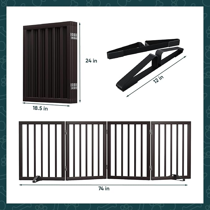 Freestanding Bamboo Wood Dog Gate Indoor, 4-Panel Pet Gates with 2 Stands and 360° Hinge for Doorways and Stairs, Puppy Gate for The House, Fully Assembled Safety Fence 74" W x 24" H - Espresso
