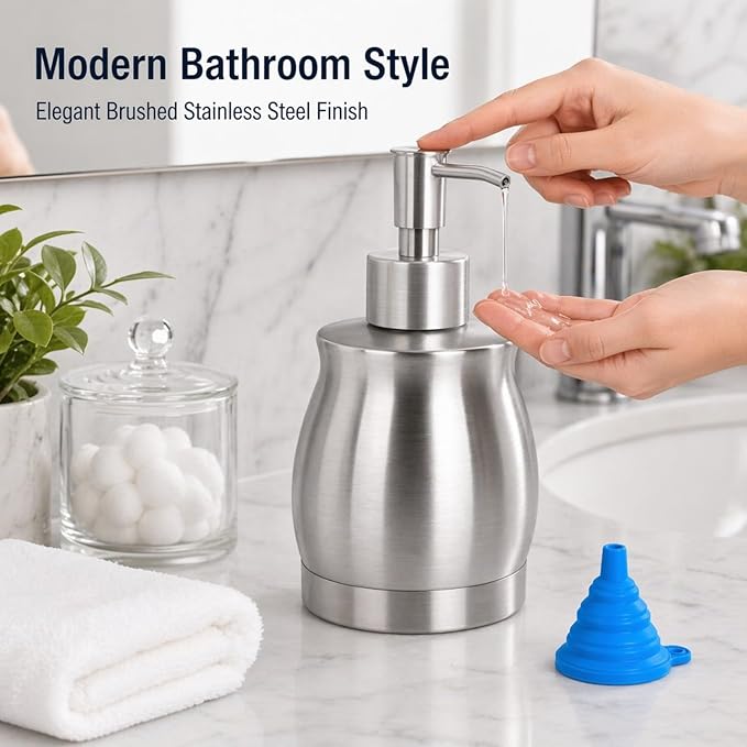 Stainless Steel Countertop Soap Dispenser Liquid Bottle and Pump, Suitable for Various Places Such as Kitchen and Bathroom (Brushed Nickel, 390 ml/13 oz)