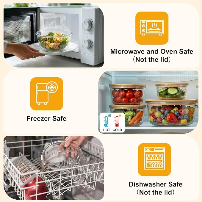 Blushtier 4 Pack 44/32/ 21/14 oz Borosilicate Glass Food Containers with Bamboo Lids, Stackable Glass Bowls for Meal Prep & Lunch, Microwave, Freezer and Dishwasher Safe