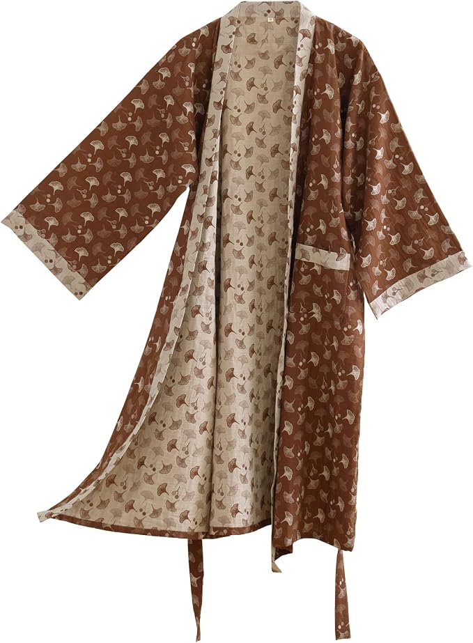 100% Cotton Gauze Ginkgo Leaf Kimono Robe, Long Knit Loose Bathrobe Nightgown Ladies Loungewear Sleepwear for Women