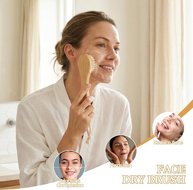 5 Packs Dry Brushing Body Brush Set for Lymphatic Drainage, Cellulite Massager and Scalp Care, Long Handle Dry Brush for Body, Natural Boar Bristle Body Brush Exfoliator