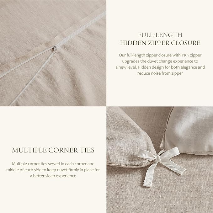 DAPU 100% Linen Duvet Cover Set 3PCs, Pure Natural French Flax Linen Duvet Cover King 90"x104" with Corner Ties and Zipper Closure, Soft Breathable Durable for Hot Sleepers (Natural Linen, King)