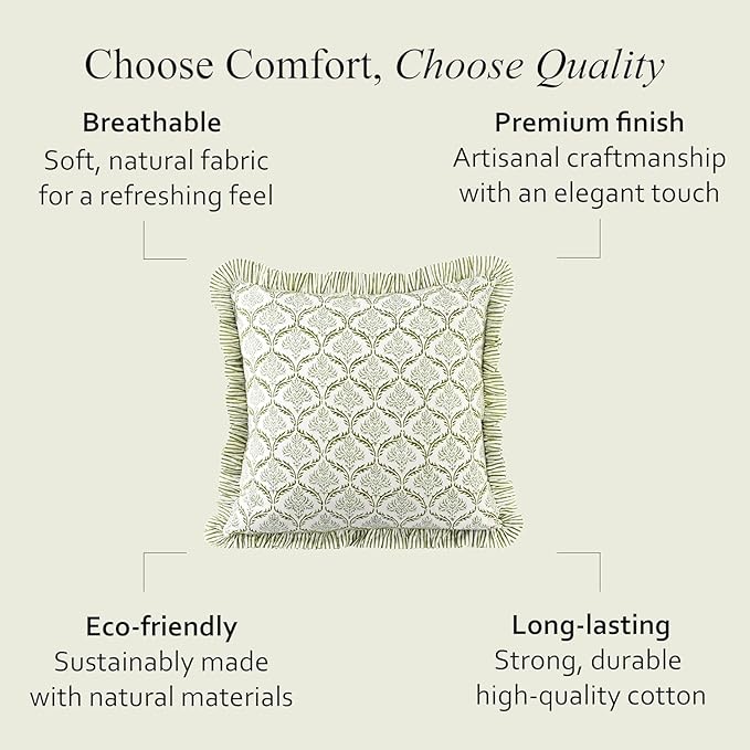 CPC Fern Regal Hand Block Print 100% Cotton Ruffle Throw Pillow Cover 24x24 inch with Hidden Zipper Decorative for Couch, Bed, Sofa, Farmhouse, Cottagecore Decor Gift Christmas Fall Thanksgiving