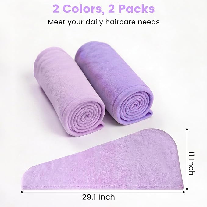 2 Pack Microfiber Hair Towel Wrap for Women, Large Fast Drying Hair Towel Turban, Ultra Thick Anti-Frizz, Double Stitched Edges & Stay in Place No Slip Design for Curly Long Wet Hair(Purple /Lavender)