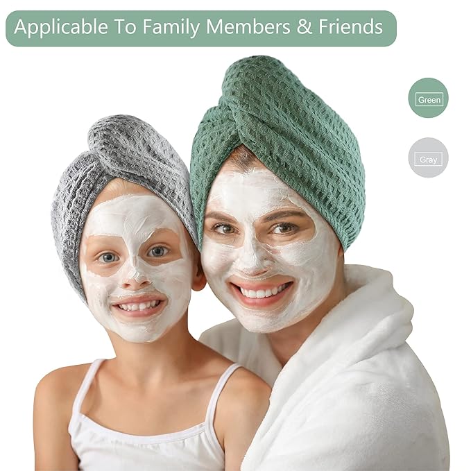 Dolwis Microfiber Hair Drying Towel - 2Packs Waffle Long Hair Head Turban Wraps Terry Cloth Fast Absorbent Dry Anti Frizz Twist Plopping Curly Shower Turban for Women Wet Hair (Green)