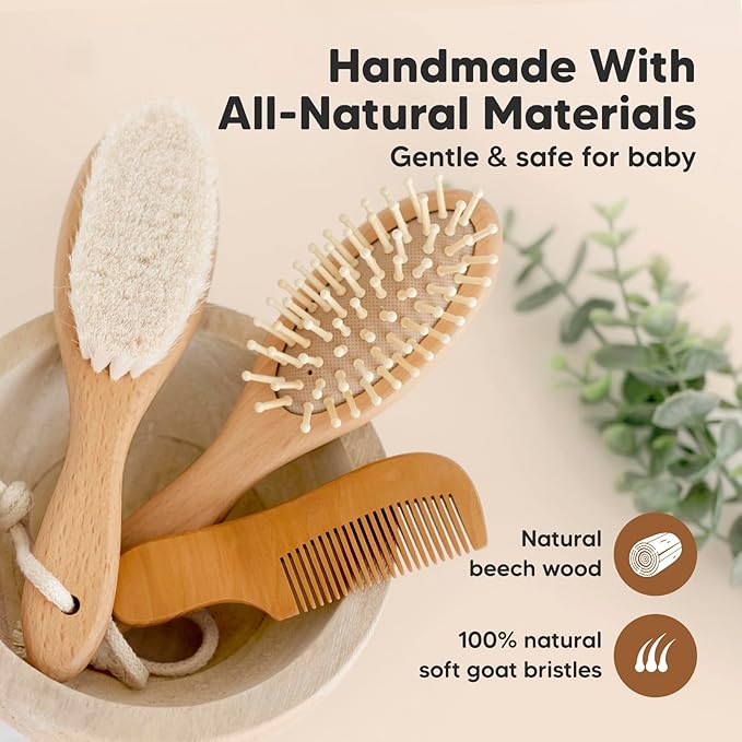 KeaBabies Baby Hooded Towel and Baby Hair Brush and Baby Comb Set - Baby Towel, Wooden Baby Brush with Soft Goat Bristle