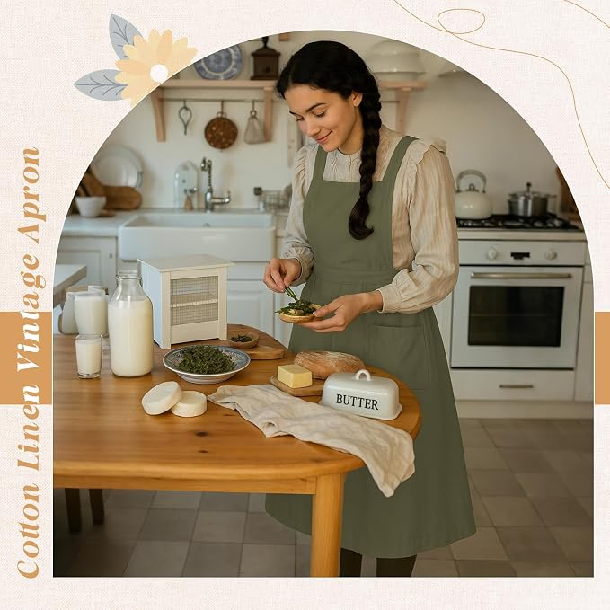 100% Cotton Aprons with Pockets Pinafore Dress for Women Vintage Cute Aprons for Kitchen Baking Gardening Painting