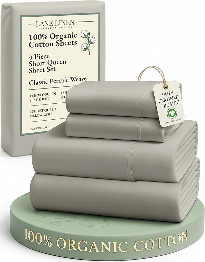 LANE LINEN RV Queen Sheets Set - 100% Organic Cotton Camper Sheet Sets 15" Deep Pocket Fitted (Short Silver)