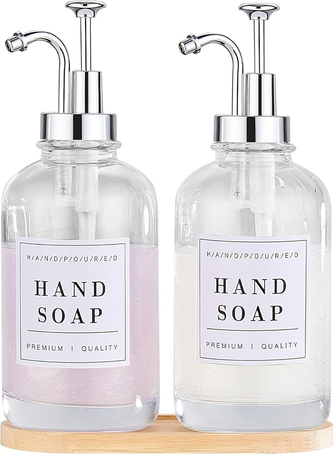 Glass Soap Dispenser with Pump,Tray,Funnel, Countertop Soap and Lotion Dispenser Set of 2 with 60 Stickers, Dish and Hand Soap Dispenser Bottle for Kitchen,Bathroom,Shower, 500ml/16.9oz