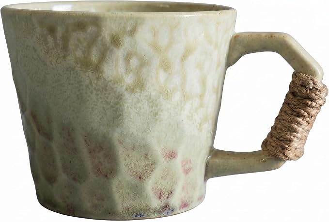 12oz retro Japanese pottery tea cup, handmade tea cup with comfy handle, retro ceramic mug with handle, lead-free reactive glaze, perfect for office & home (Beige)