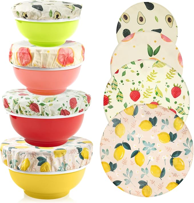 4-Pack Reusable Cotton Bowl Covers with Fruit Pattern, 6/8/10/12 Inch Elastic Food Storage Covers for Bread Proofing, Sourdough Dough, Kitchen Containers & Food Storage
