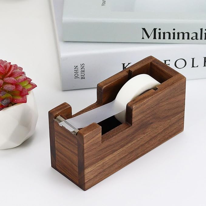 Buqoo Walnut Wood Tape Dispenser with Built-in Pen Holder – All-in-One Desk Organizer for Office/Home School