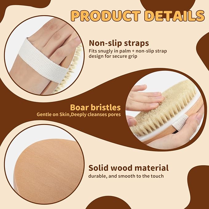 SAMEBUTECO 4 Pack Dry Body Brushing Brushes, Natural Bristle Exfoliating Scrub Brushes with Massage Nodes for Lymphatic Drainage, Skin Firming, Acne Treatment, and Cellulite Reduction