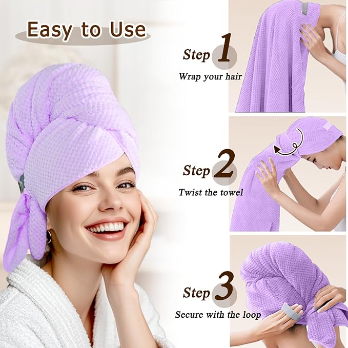 Large Hair Towel Wrap for Women, Quick-Dry Turban, Ultra Absorbent & Anti-Frizz, Ideal for Long, Thick & Curly Hair, Soft Lightweight Microfiber Drying Towel (24x42, Purple)